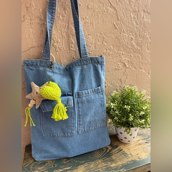 Vinhia Light Blue Denim Shoulder Tote Bag Crochet 100% Cotton Full Zip - Picture 1 of 17